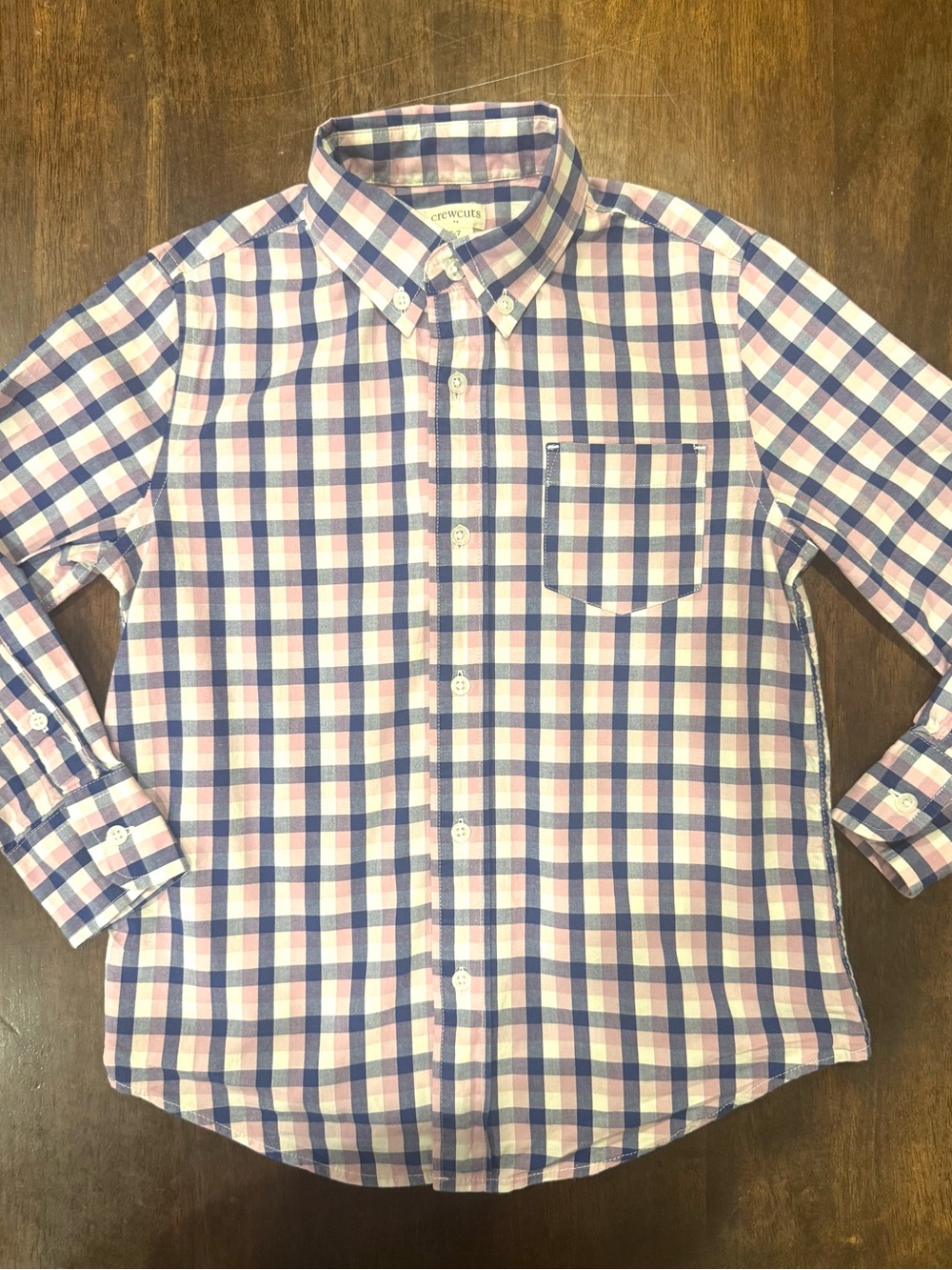Crewcuts Pink and Navy Plaid Button-Up Shirt boys size 6 - 7 J.Crew - excellent